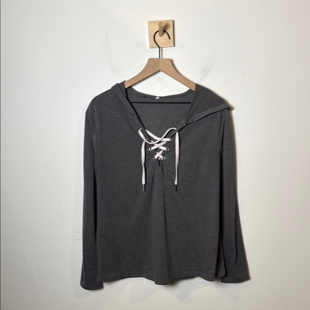 Women's Lace up V-Neck Sweatshirt in Gray